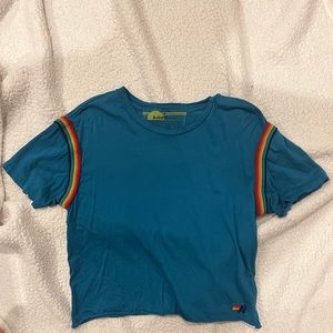 Aviator Nation Rainbow Embroidery Boyfriend Tee Blue Size Large
